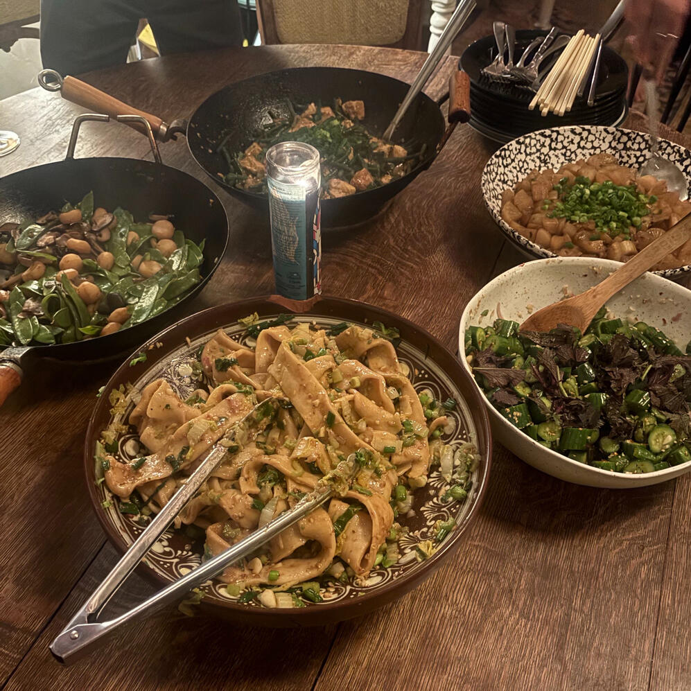 Biang Biang Noodles, Braised Daikon, Water Chestnuts and Snow Peas, Cucumber Sesame Salad, and Tofu String Beans